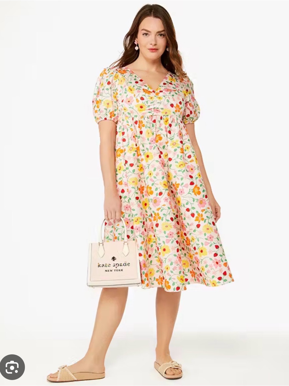 kate spade Floral Puff-Sleeve Midi Dress in White with Pink & Yellow